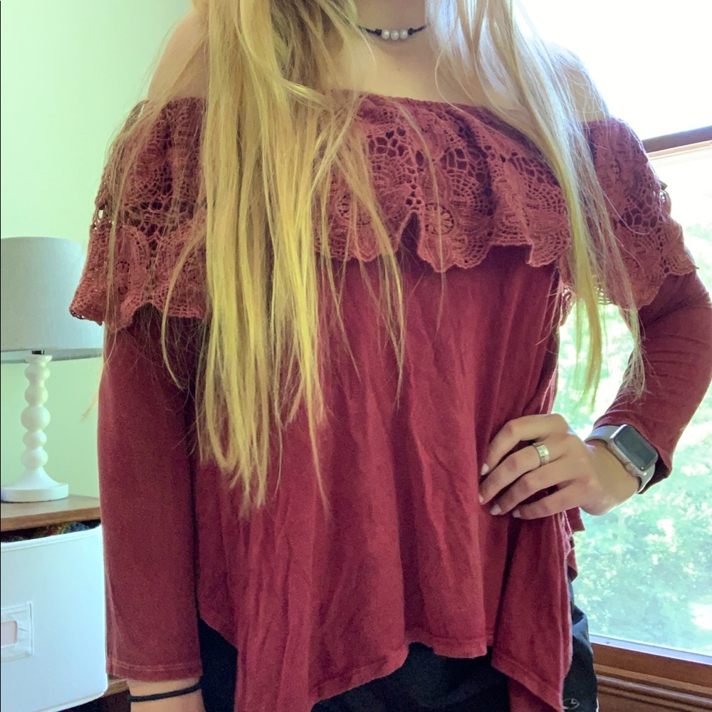 NWT Burgundy Crochet Altar’d State Long Sleeve Top